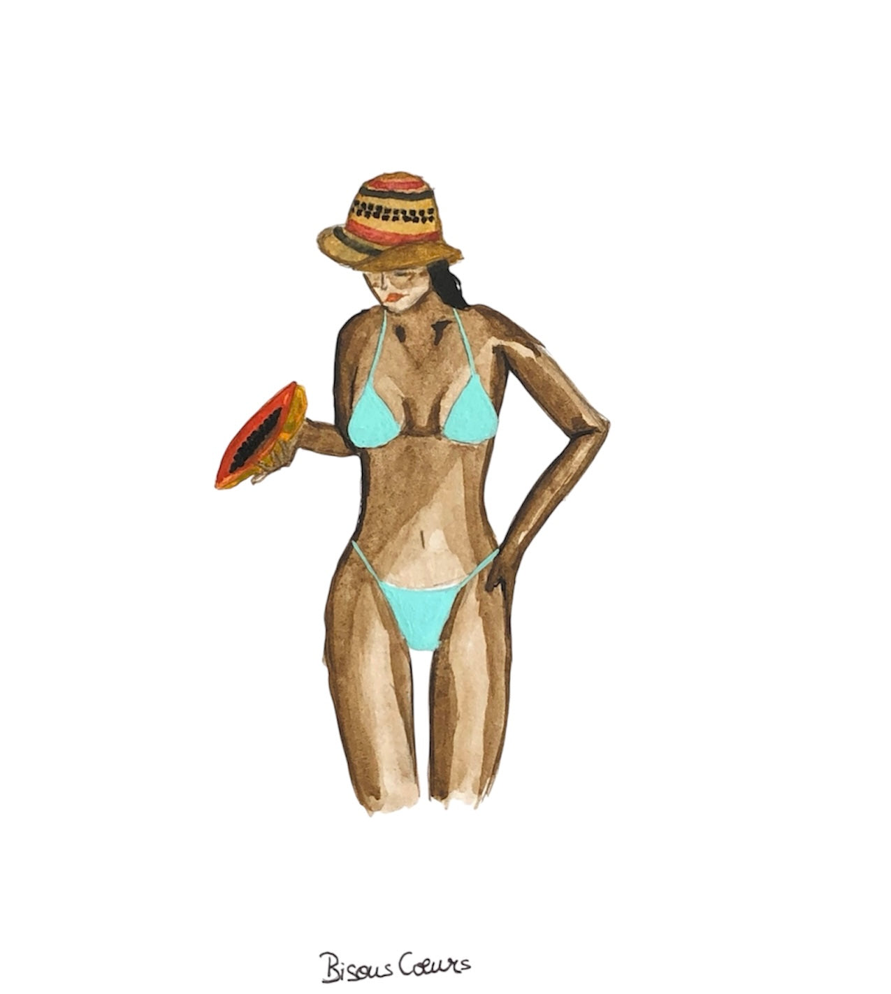 Carte postale fille en bikini papaye a la main